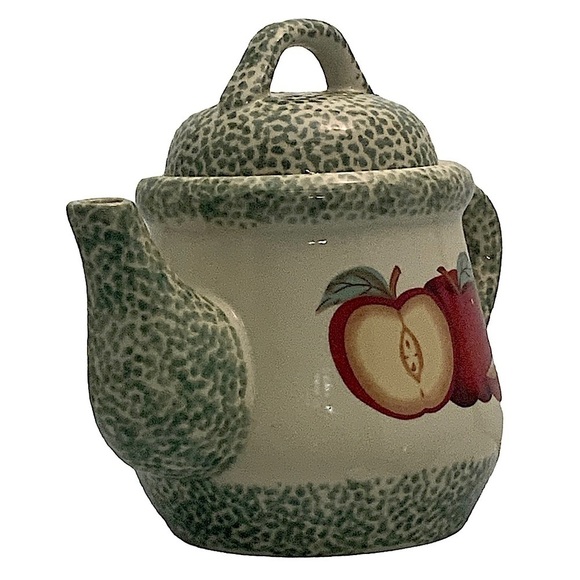 Vintage Teapot Stoneware Apple Motif Tender Hearts Treasures Primitive Farmhouse - Picture 3 of 16